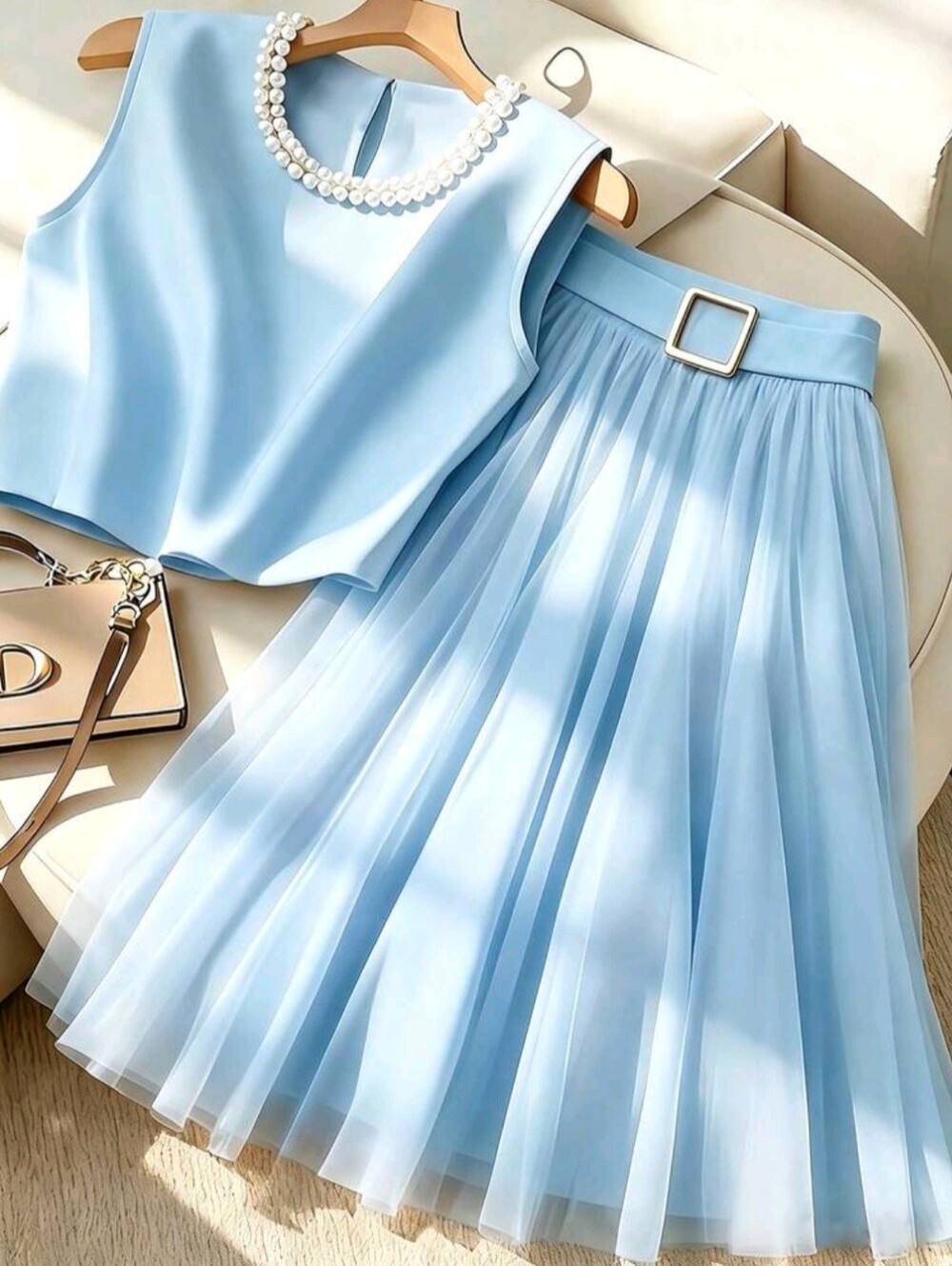 Women's Light Blue Pearl Decorated Vest Top A-Line Mesh Skirt Set,Elegant